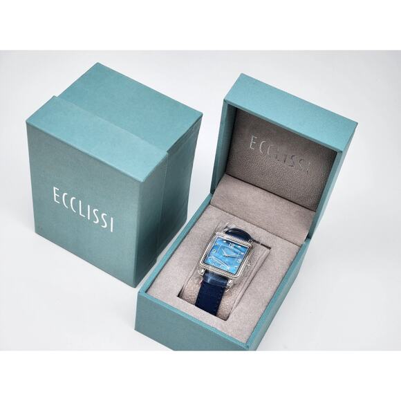 Ecclissi Sterling Silver 925 Mother Of Pearl Leather Band Tank Watch New Battery - Picture 2 of 15